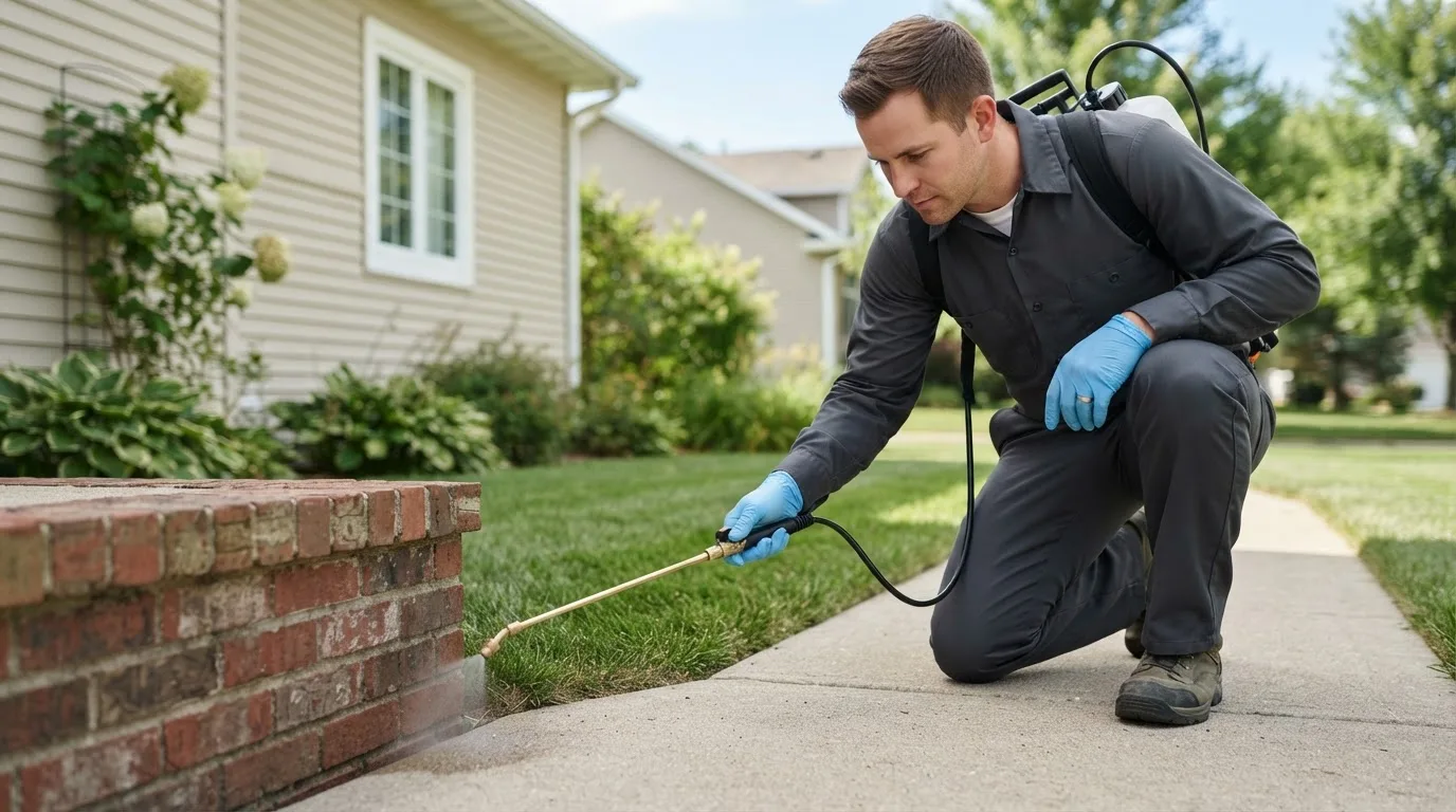 Pest control technician treating a home near Monroe, WA